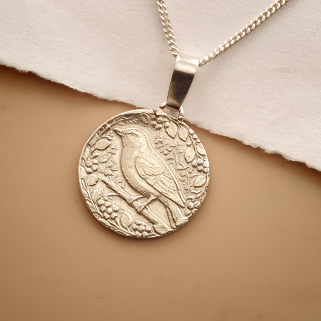 Songbird Engraved Sterling Silver Coin Necklace