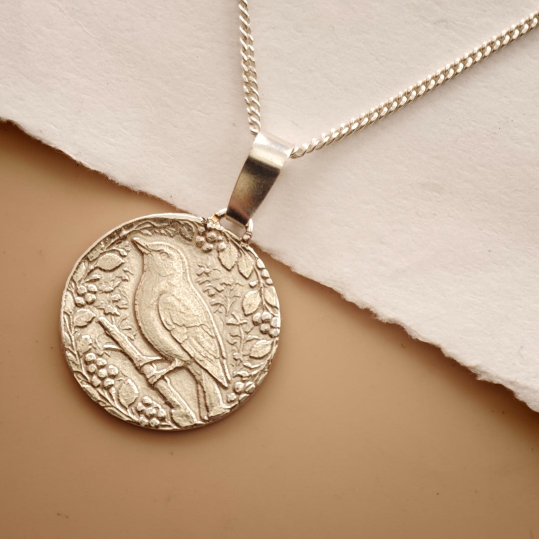 Songbird Engraved Sterling Silver Coin Necklace