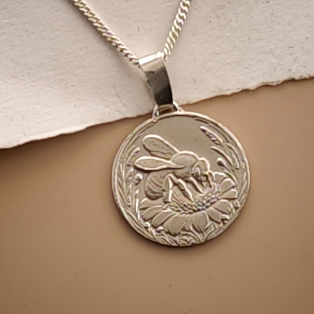 Bee Engraved Sterling Silver Coin Necklace