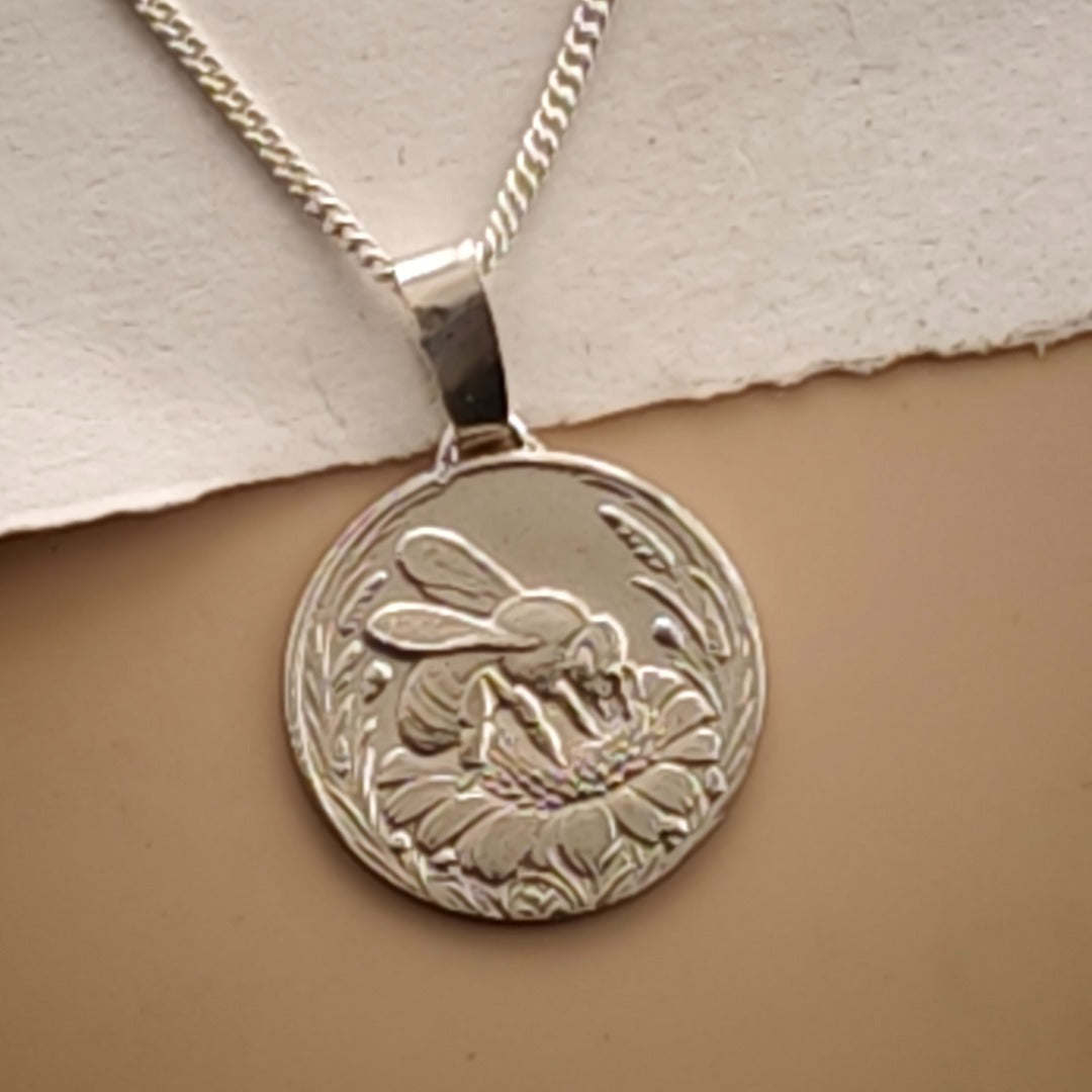 Bee Engraved Sterling Silver Coin Necklace