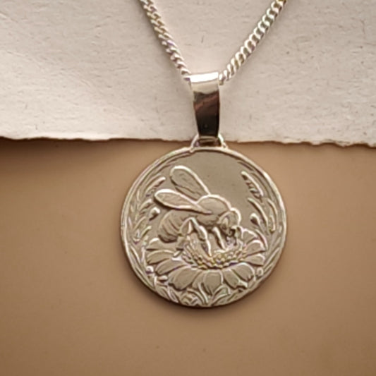 Bee Engraved Sterling Silver Coin Necklace