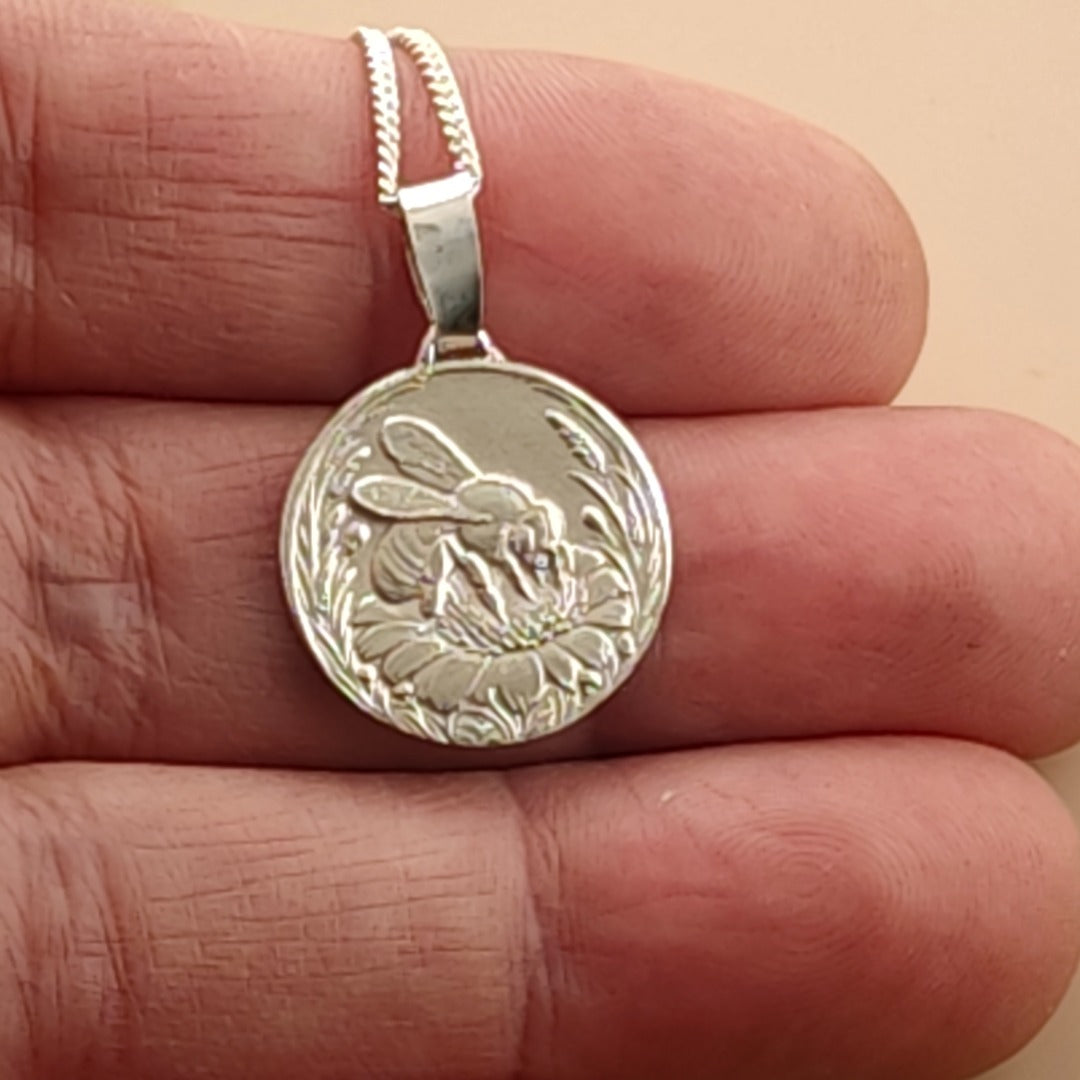 Bee Engraved Sterling Silver Coin Necklace