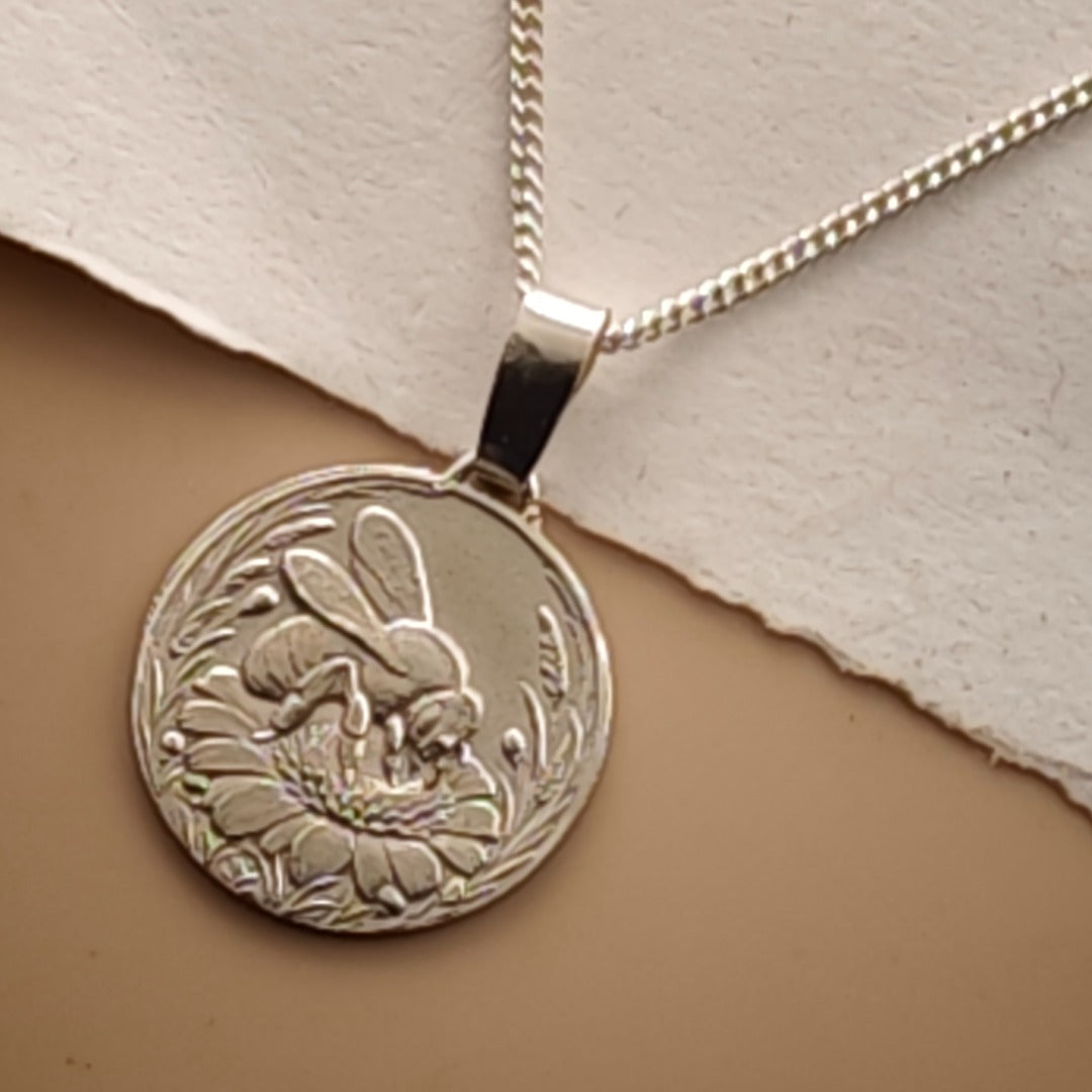 Bee Engraved Sterling Silver Coin Necklace