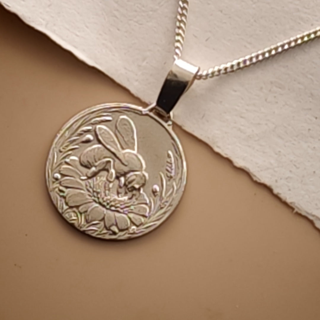 Bee Engraved Sterling Silver Coin Necklace