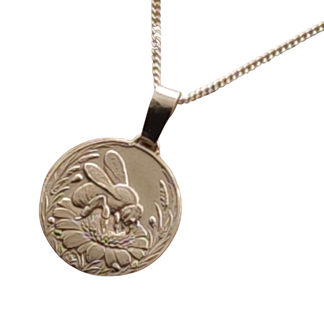 Bee Engraved Sterling Silver Coin Necklace