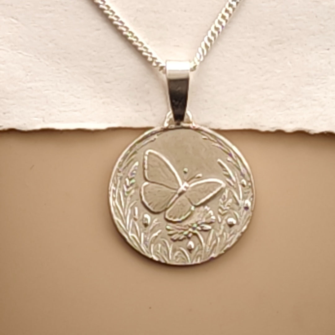 Butterfly Engraved Sterling Silver Coin Necklace
