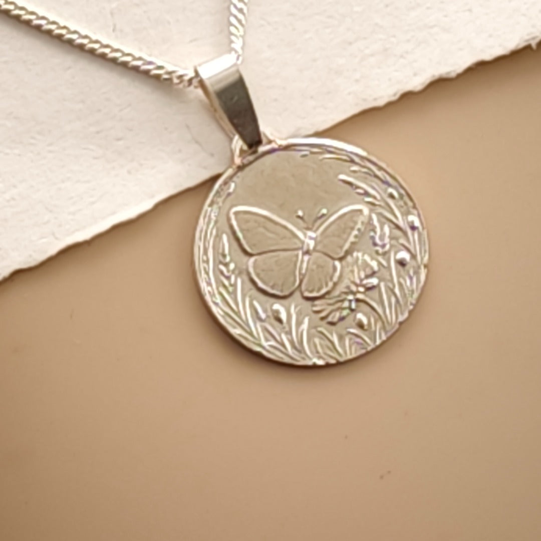 Butterfly Engraved Sterling Silver Coin Necklace