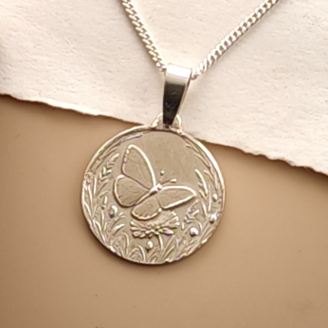 Butterfly Engraved Sterling Silver Coin Necklace