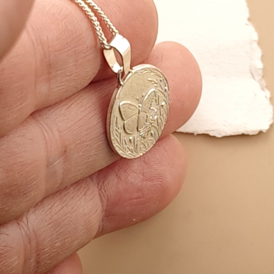 Butterfly Engraved Sterling Silver Coin Necklace