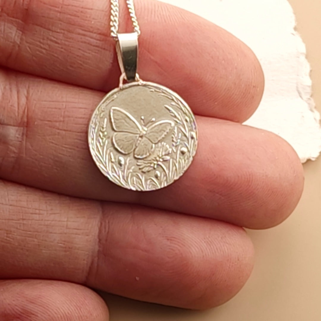 Butterfly Engraved Sterling Silver Coin Necklace