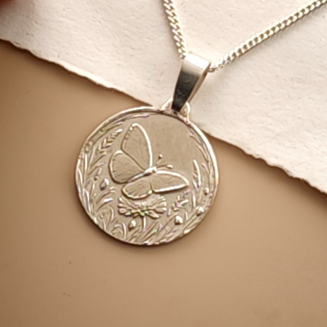 Butterfly Engraved Sterling Silver Coin Necklace