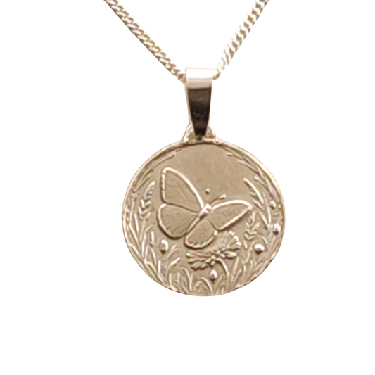 Butterfly Engraved Sterling Silver Coin Necklace