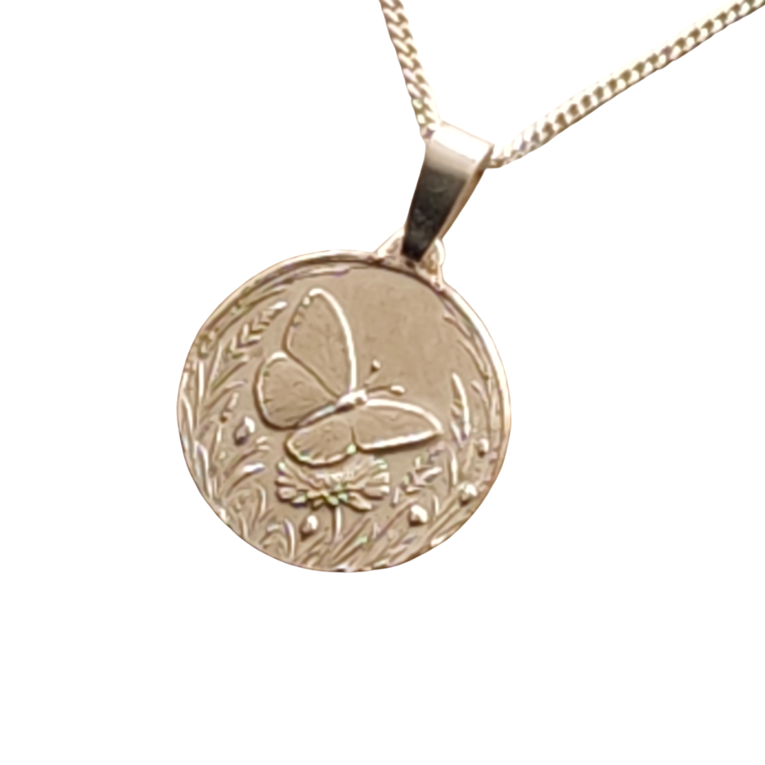 Butterfly Engraved Sterling Silver Coin Necklace