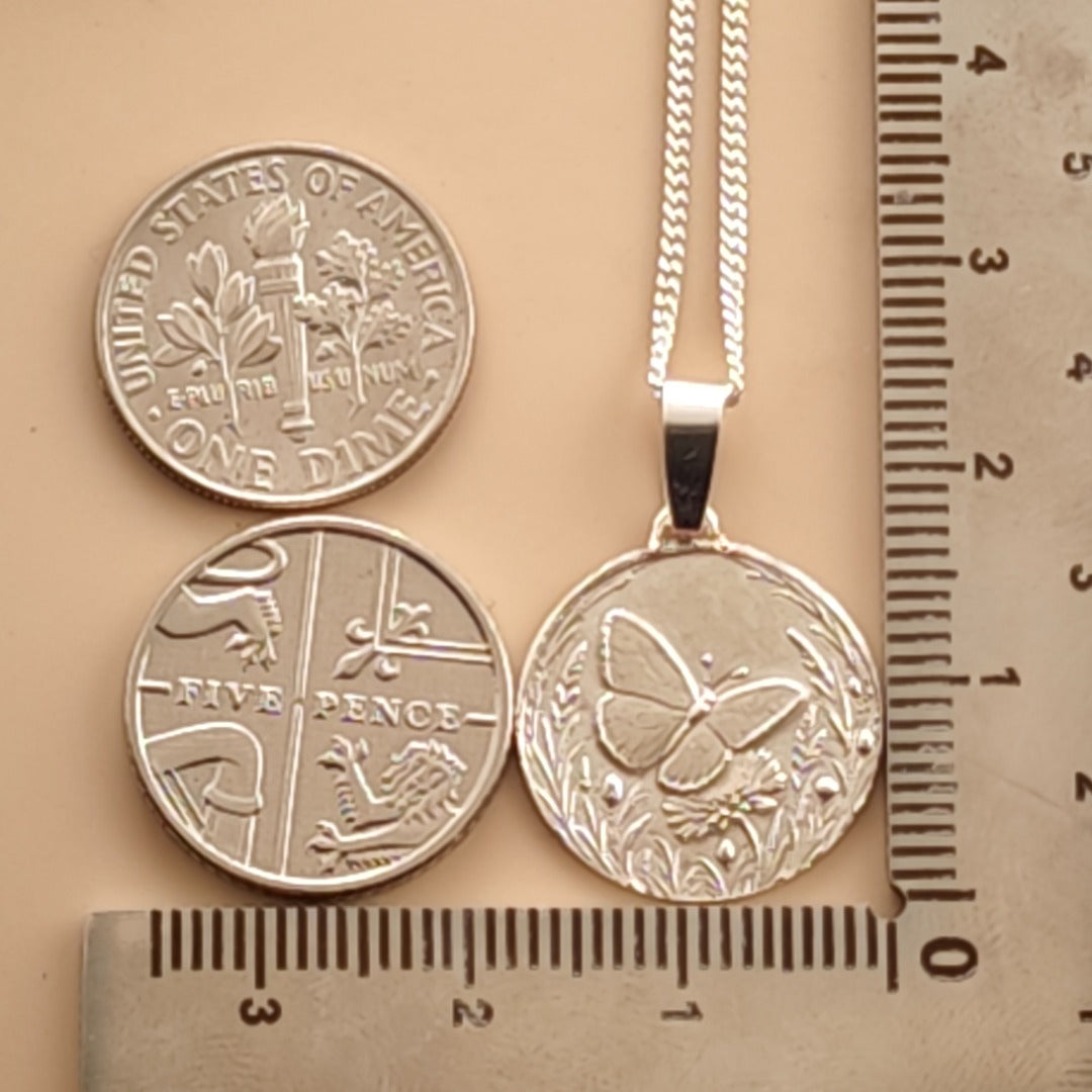 Butterfly Engraved Sterling Silver Coin Necklace