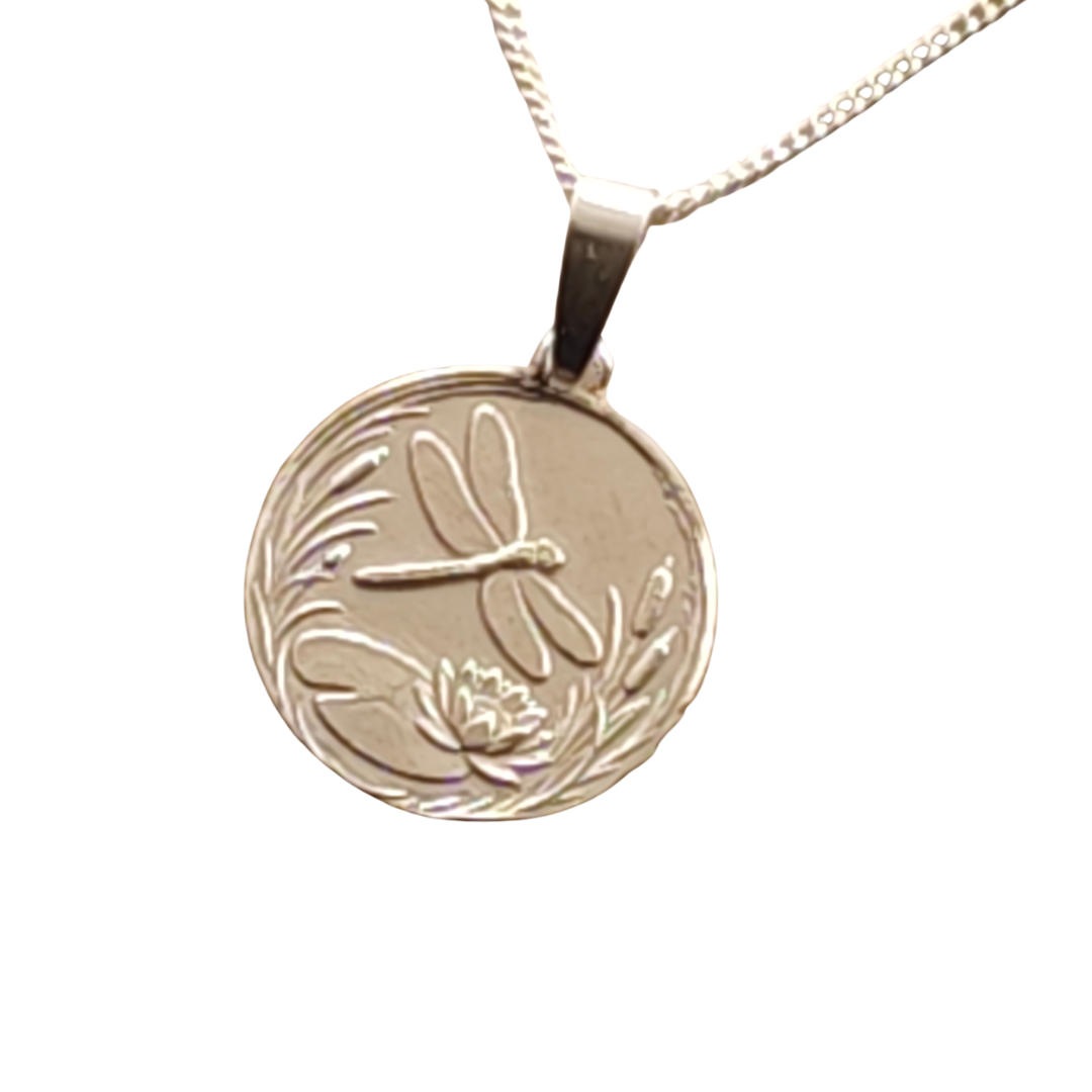 Dragonfly Engraved Sterling Silver Coin Necklace