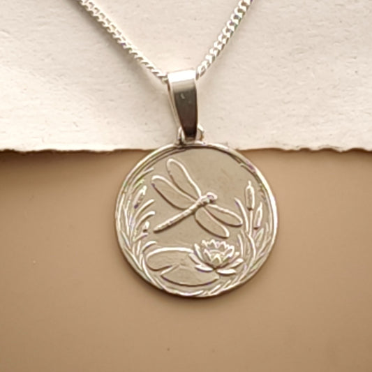 Dragonfly Engraved Sterling Silver Coin Necklace