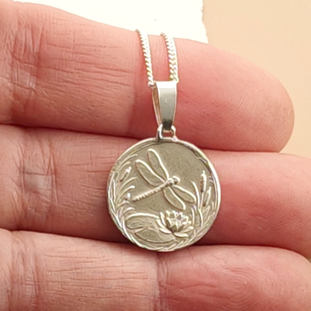 Dragonfly Engraved Sterling Silver Coin Necklace