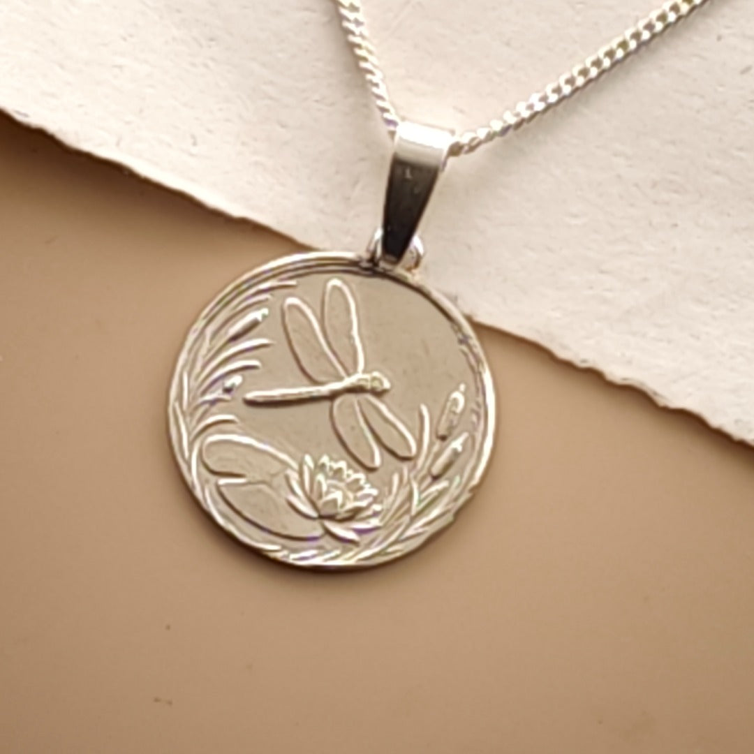 Dragonfly Engraved Sterling Silver Coin Necklace