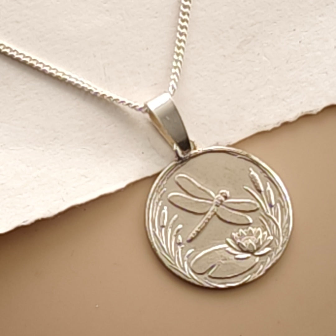 Dragonfly Engraved Sterling Silver Coin Necklace