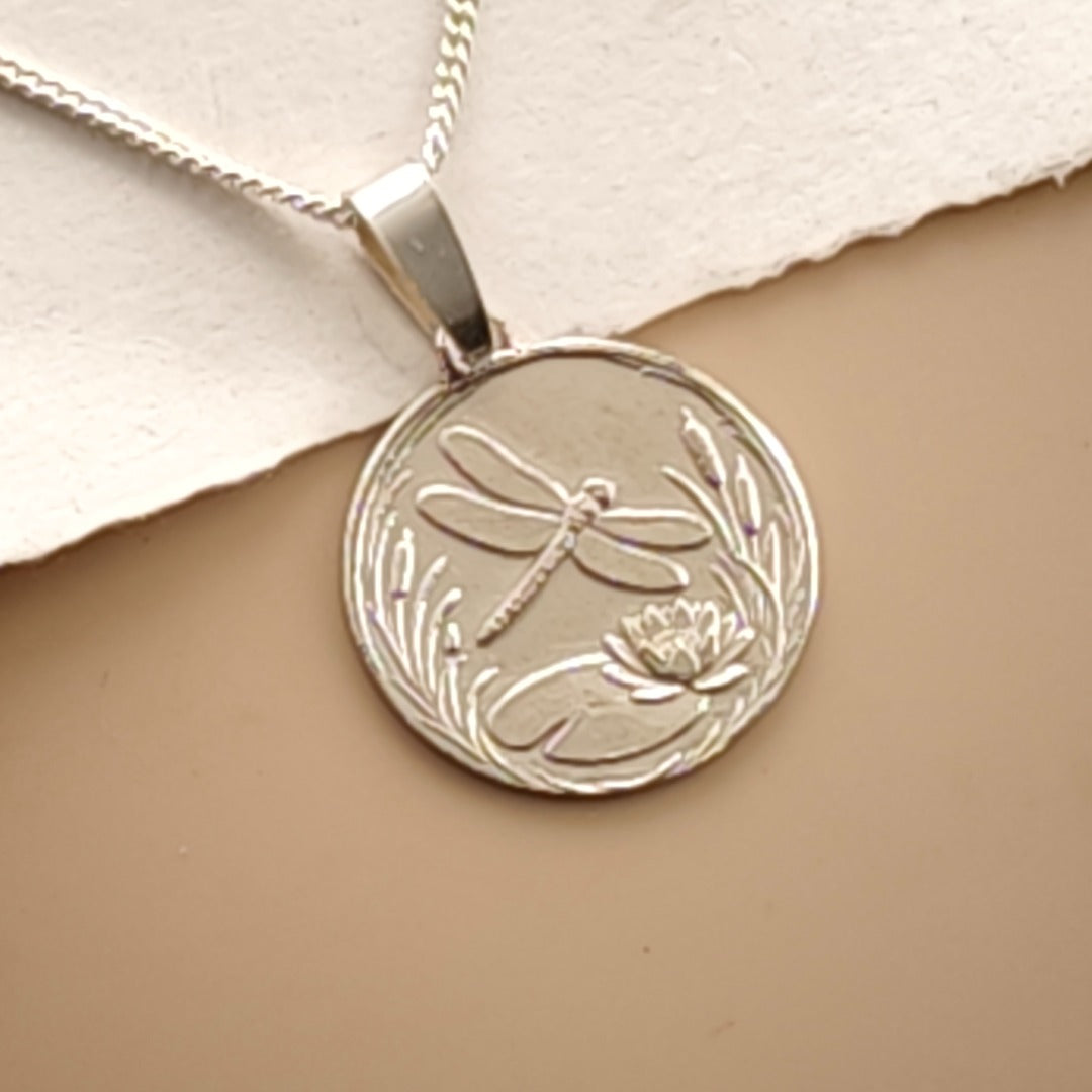 Dragonfly Engraved Sterling Silver Coin Necklace