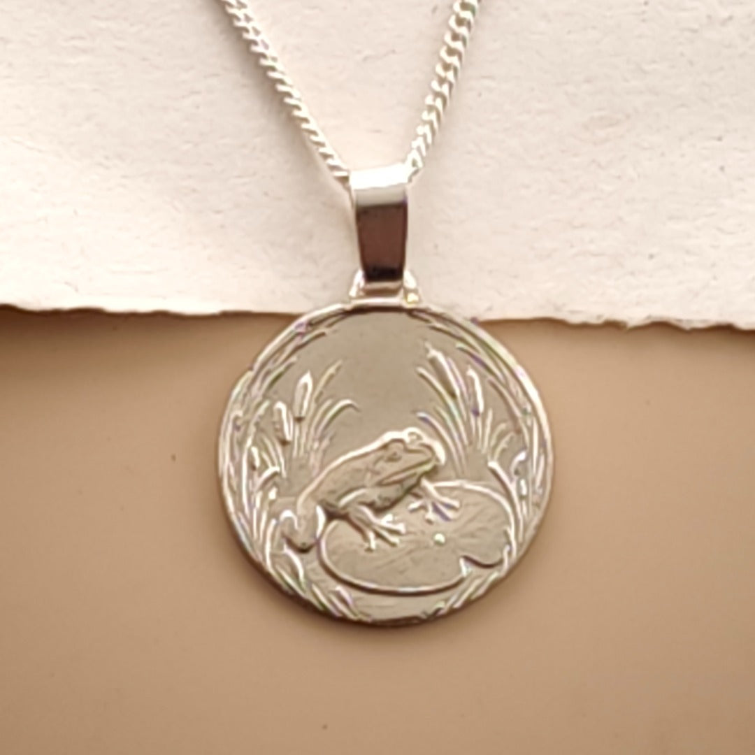 Frog Engraved Sterling Silver Coin Necklace