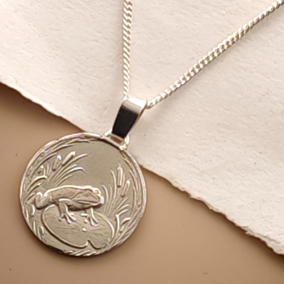 Frog Engraved Sterling Silver Coin Necklace