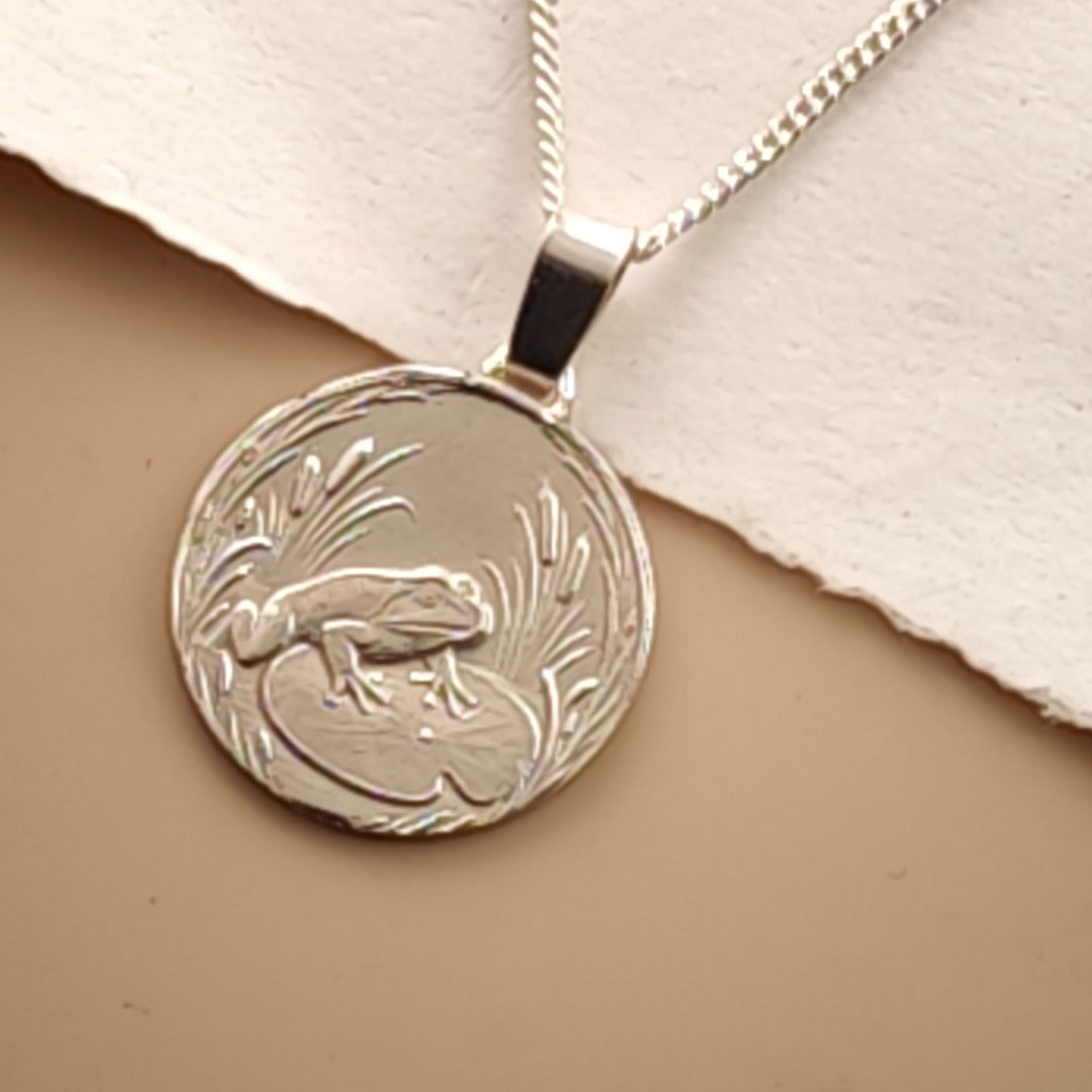 Frog Engraved Sterling Silver Coin Necklace