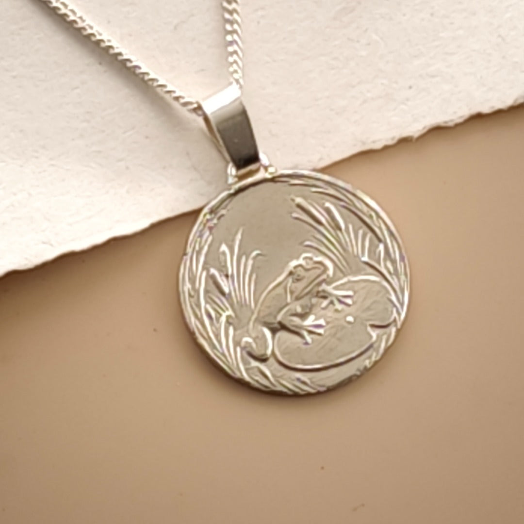 Frog Engraved Sterling Silver Coin Necklace
