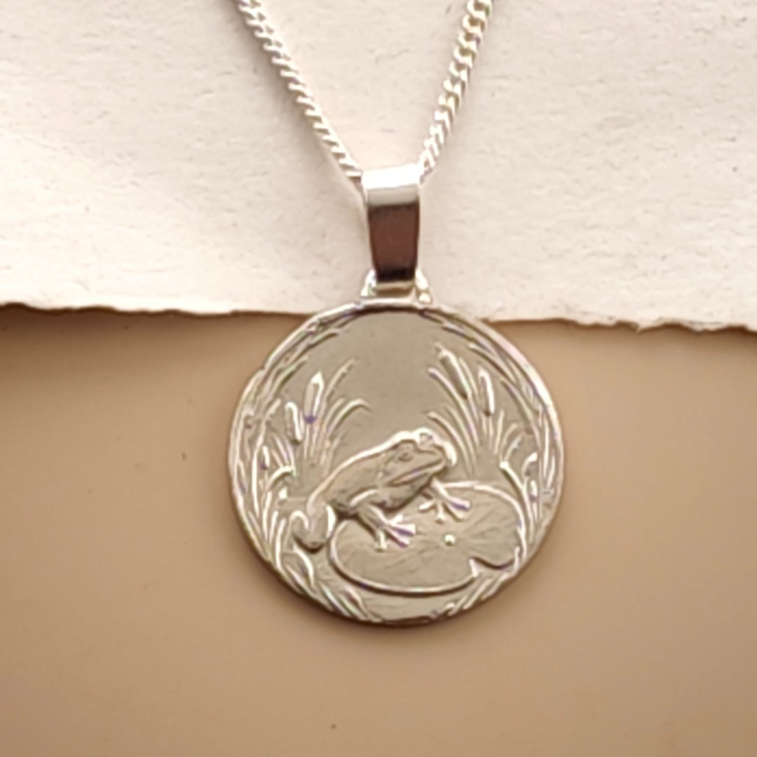 Frog Engraved Sterling Silver Coin Necklace