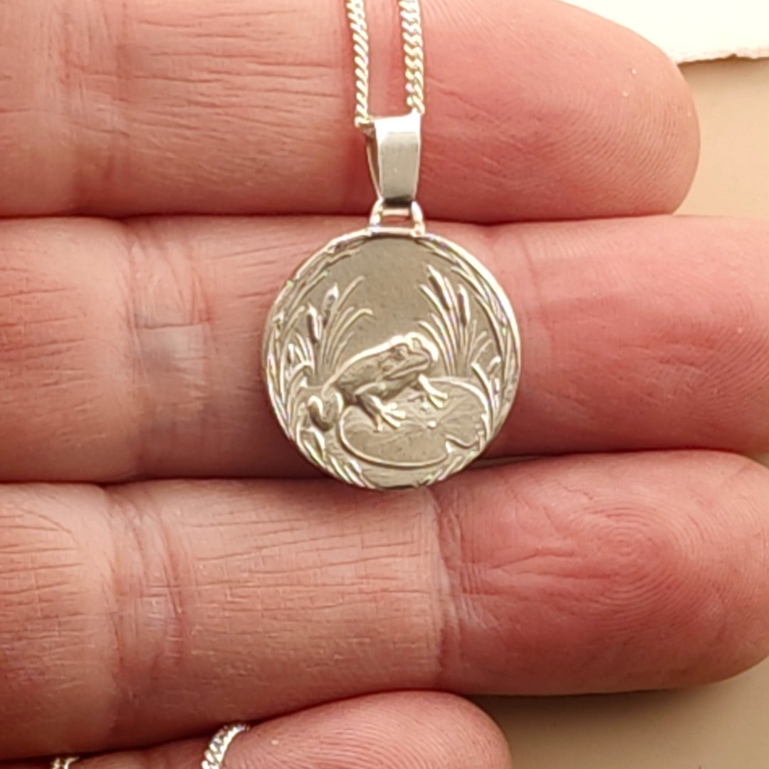 Frog Engraved Sterling Silver Coin Necklace