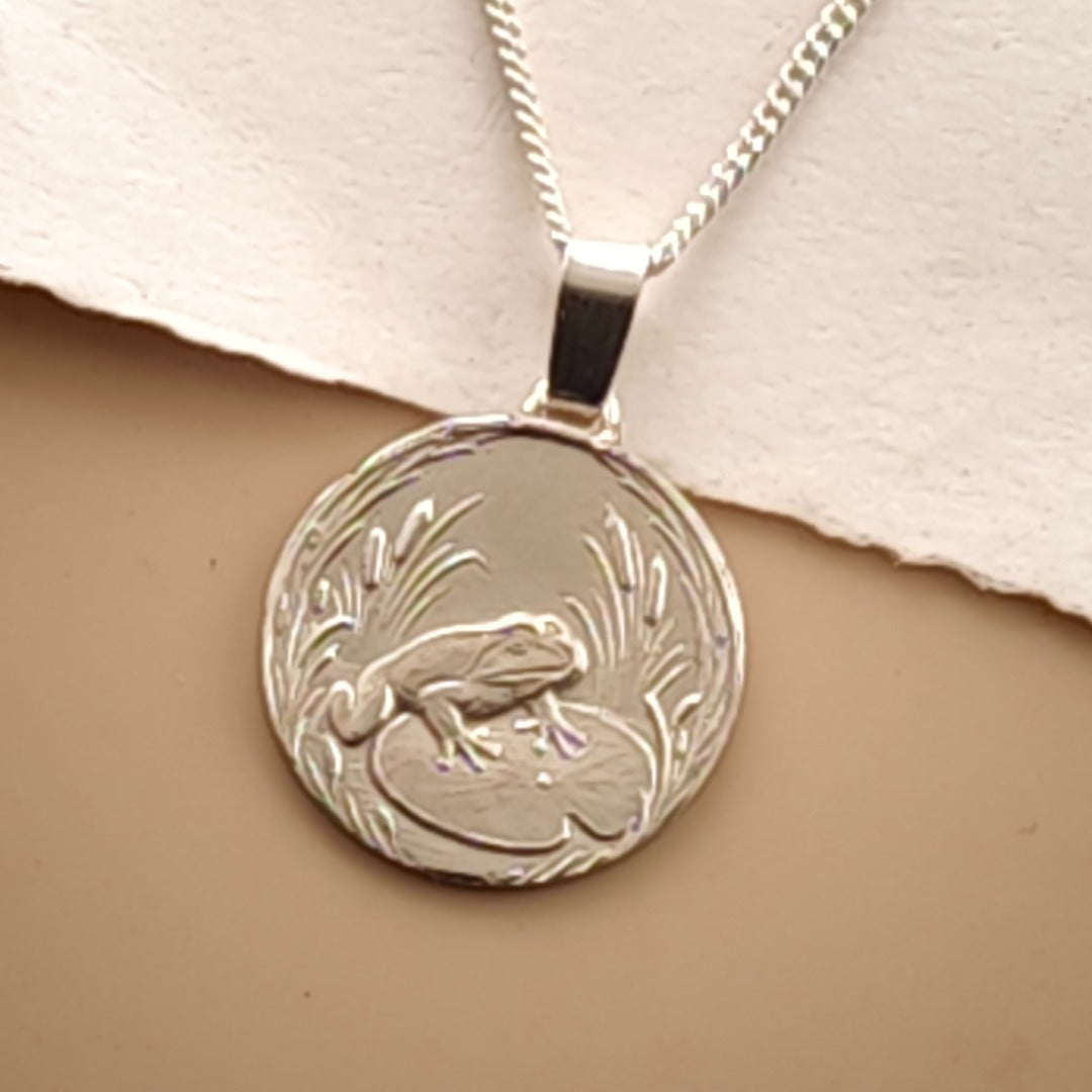 Frog Engraved Sterling Silver Coin Necklace