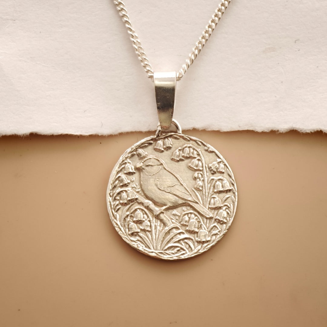 Blue Tit Engraved Sterling Silver Coin Necklace