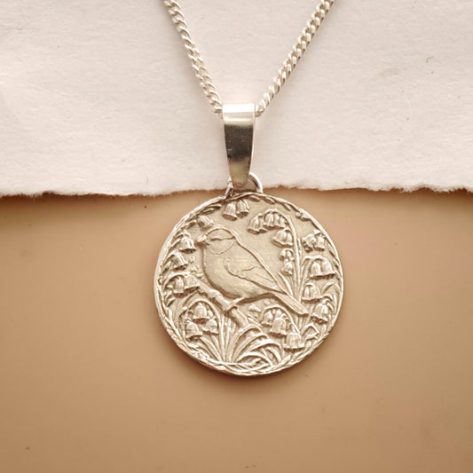 Blue Tit Engraved Sterling Silver Coin Necklace