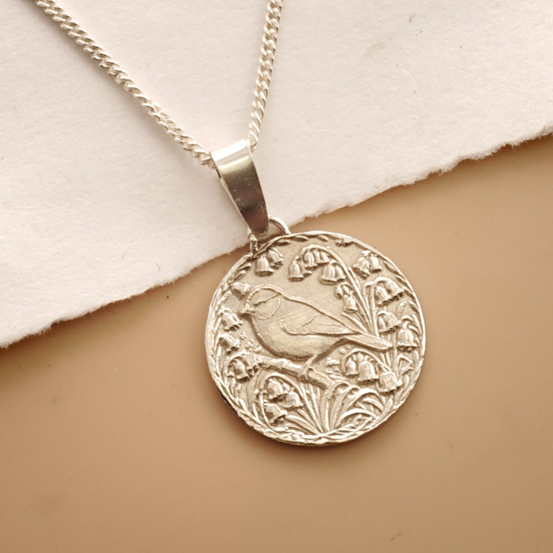 Blue Tit Engraved Sterling Silver Coin Necklace