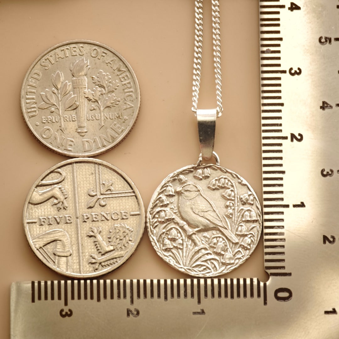 Blue Tit Engraved Sterling Silver Coin Necklace