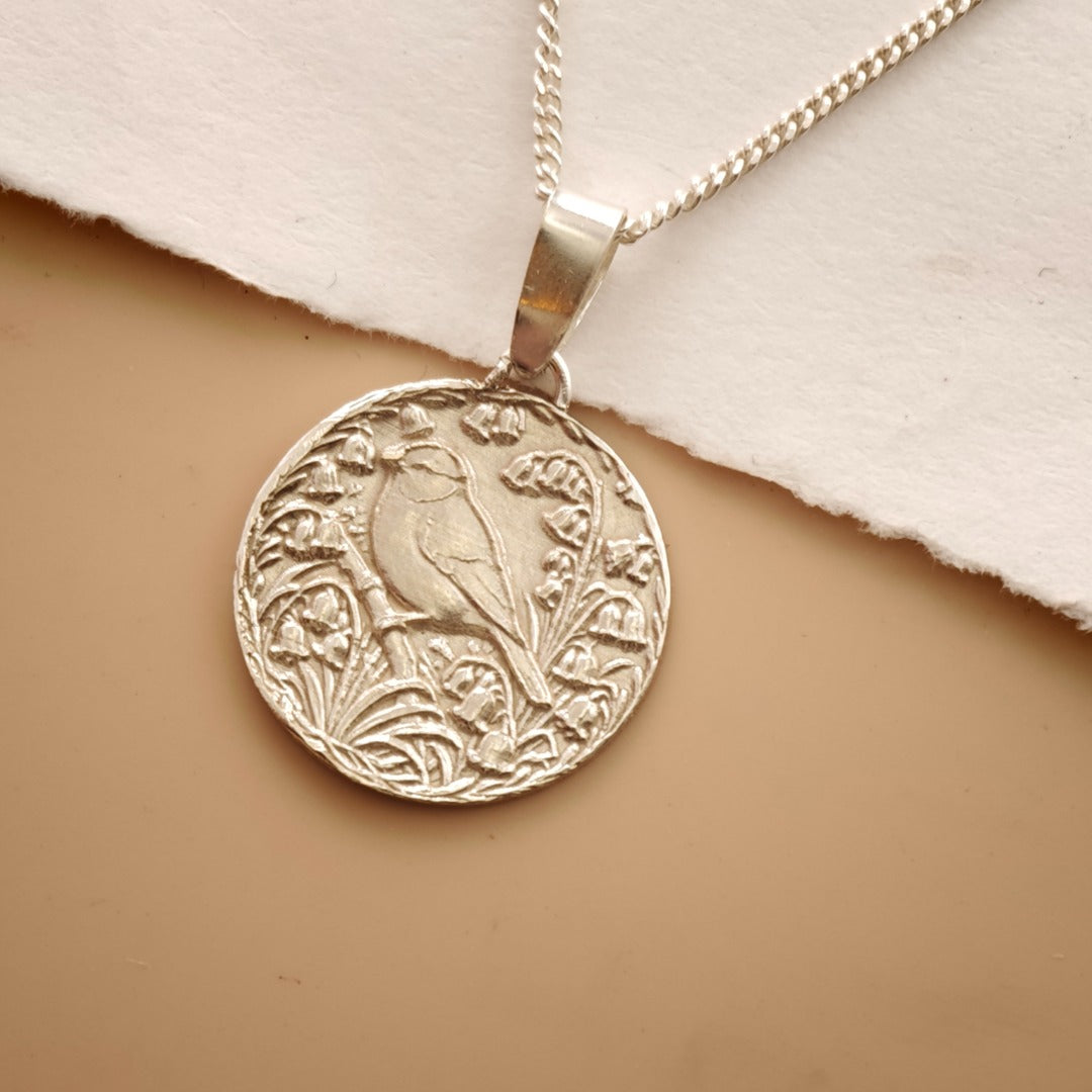 Blue Tit Engraved Sterling Silver Coin Necklace