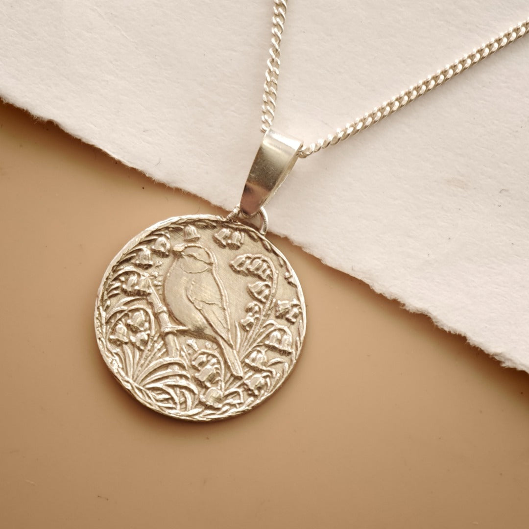 Blue Tit Engraved Sterling Silver Coin Necklace
