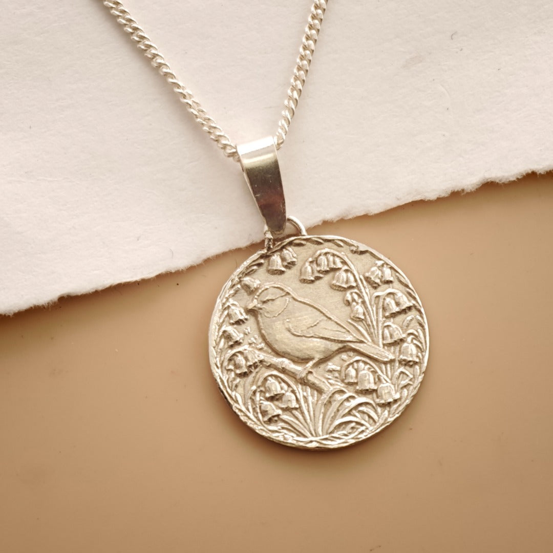 Blue Tit Engraved Sterling Silver Coin Necklace