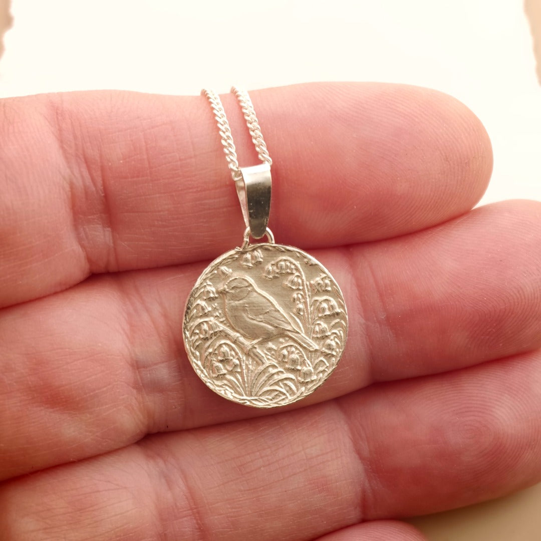 Blue Tit Engraved Sterling Silver Coin Necklace
