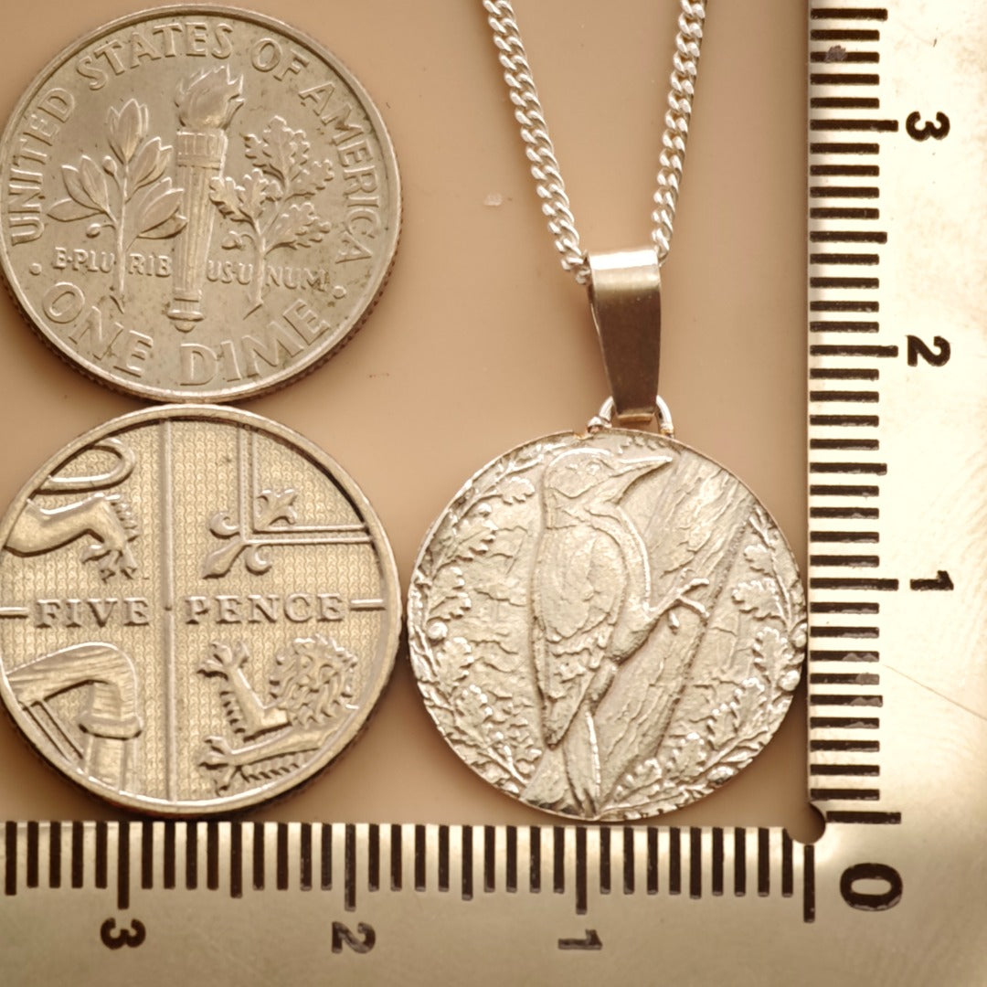 Woodpecker Engraved Sterling Silver Coin Necklace