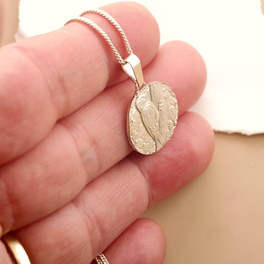 Woodpecker Engraved Sterling Silver Coin Necklace