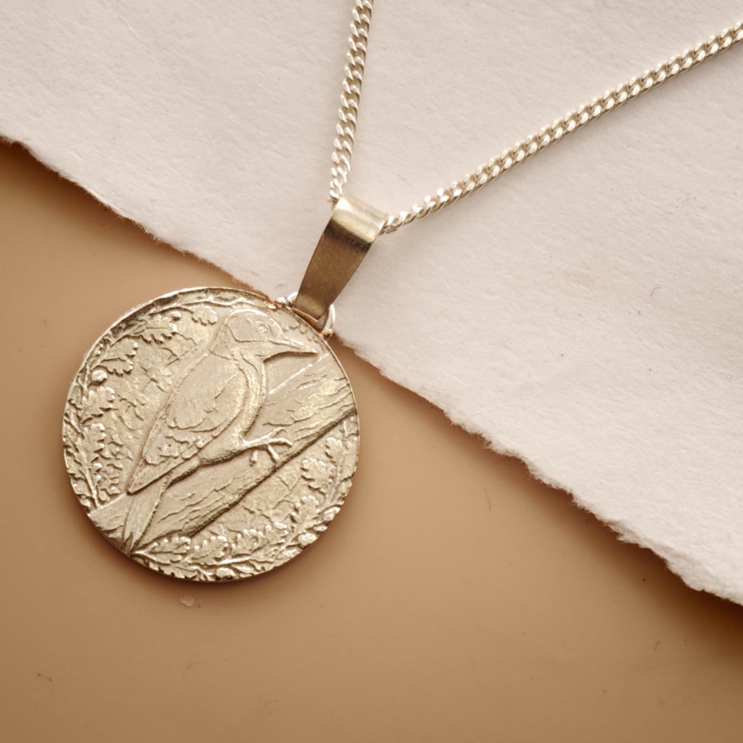 Woodpecker Engraved Sterling Silver Coin Necklace