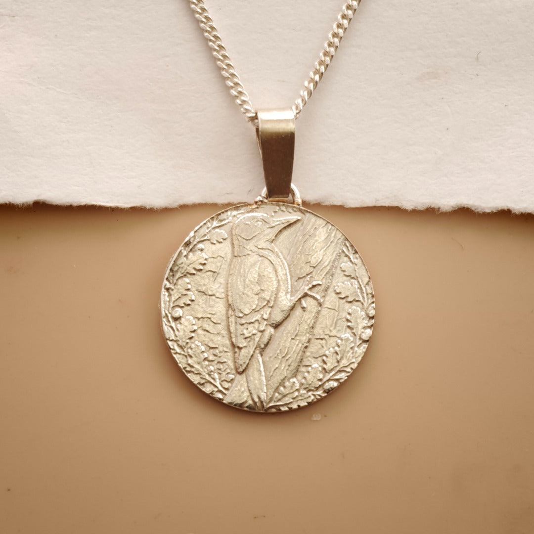 Woodpecker Engraved Sterling Silver Coin Necklace