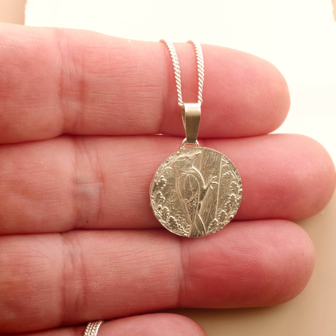 Woodpecker Engraved Sterling Silver Coin Necklace