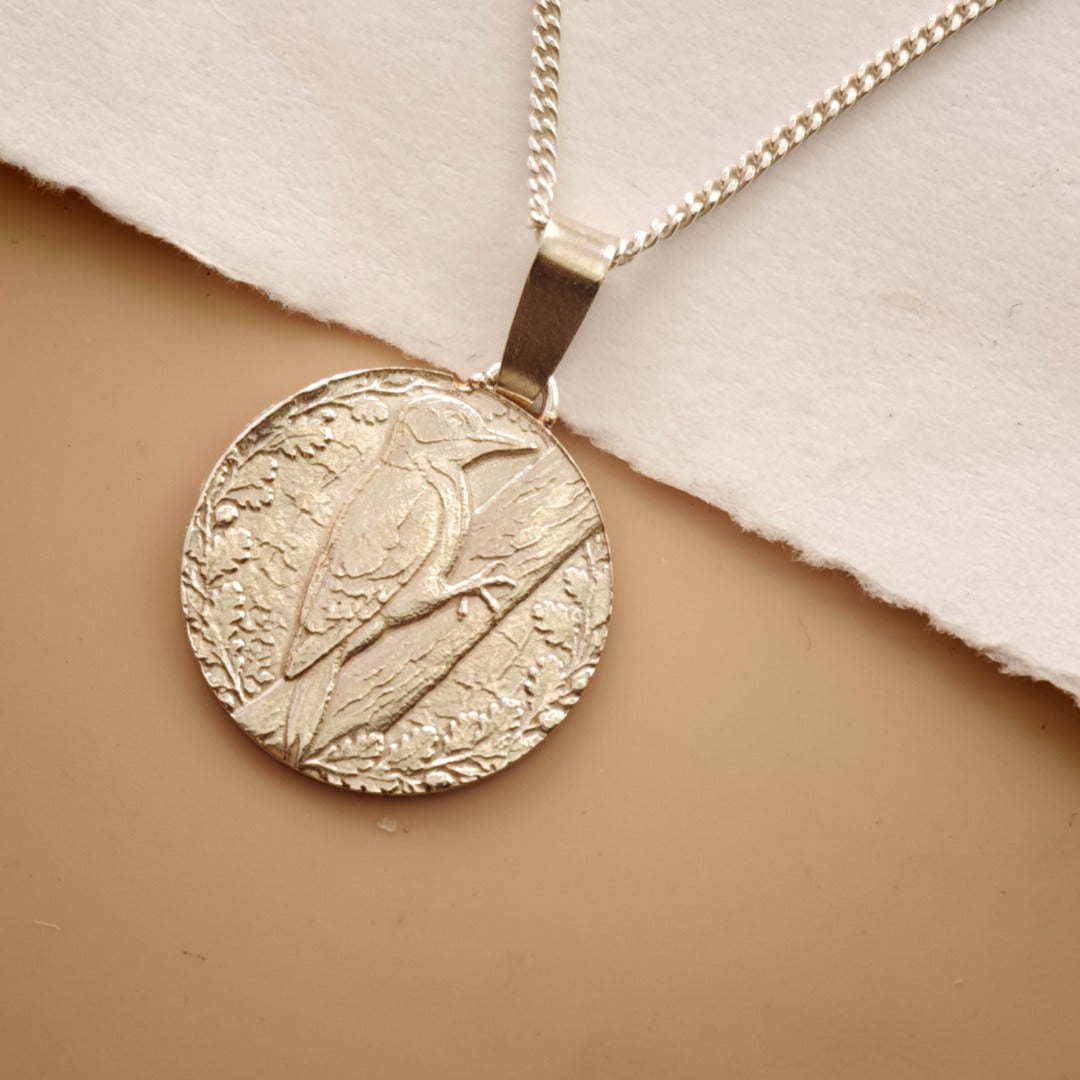 Woodpecker Engraved Sterling Silver Coin Necklace
