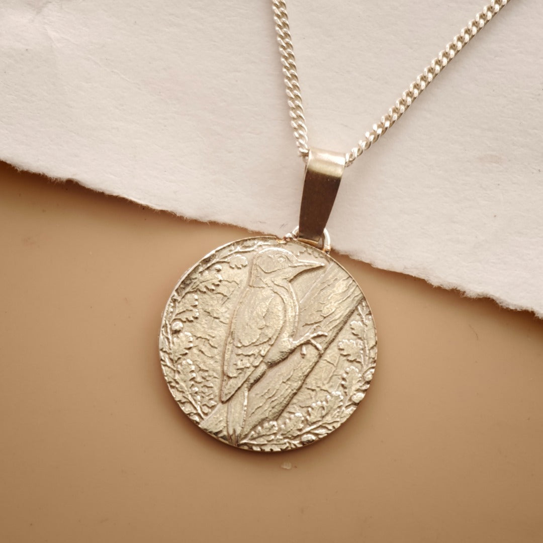 Woodpecker Engraved Sterling Silver Coin Necklace