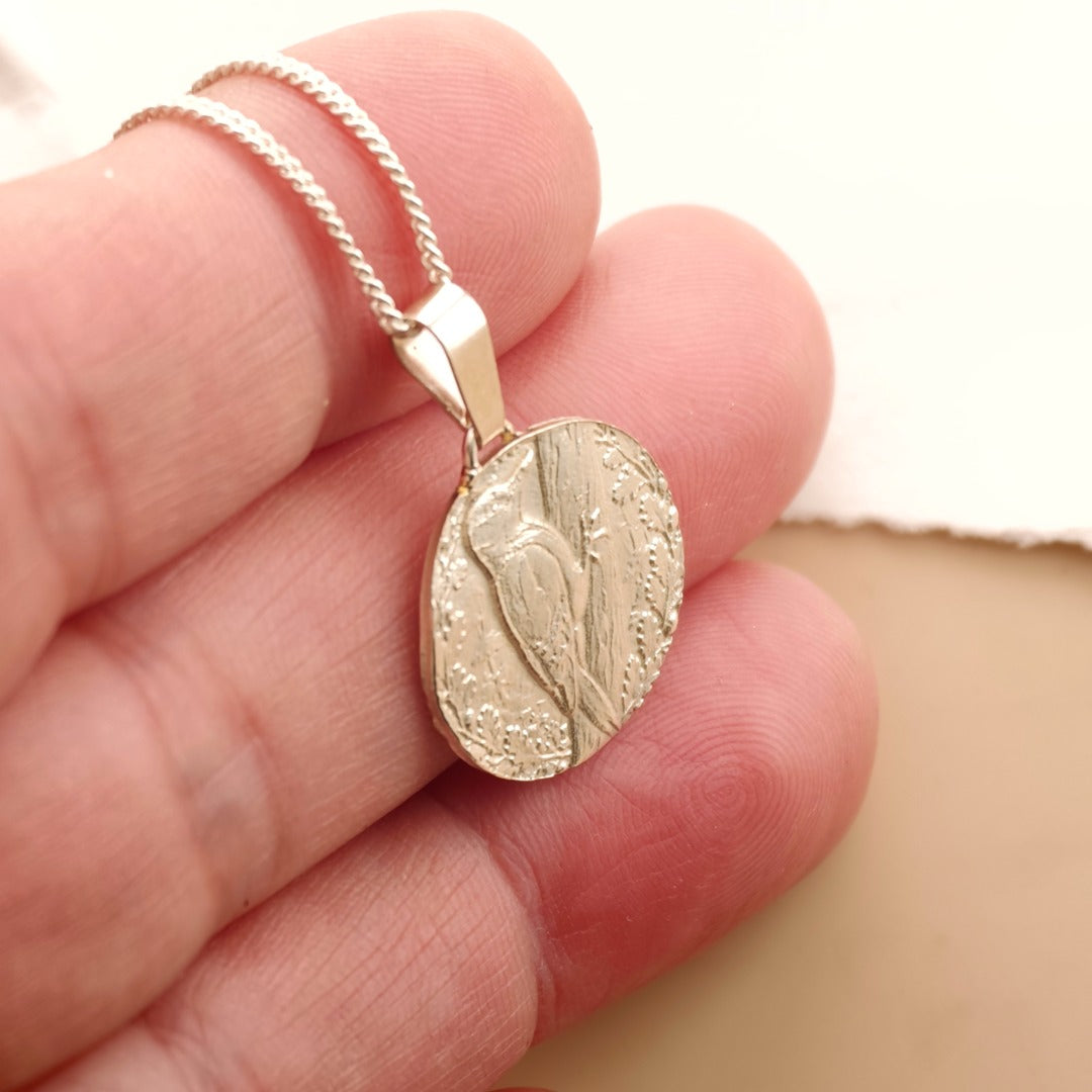 Woodpecker Engraved Sterling Silver Coin Necklace