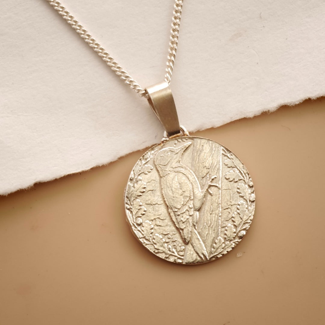 Woodpecker Engraved Sterling Silver Coin Necklace