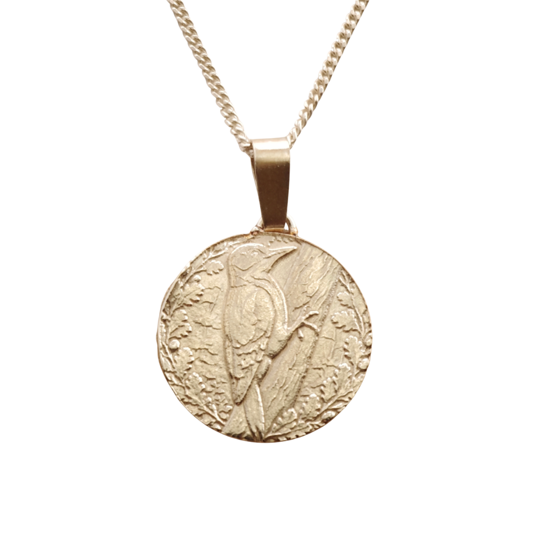 Woodpecker Engraved Sterling Silver Coin Necklace