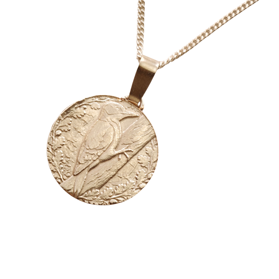 Woodpecker Engraved Sterling Silver Coin Necklace